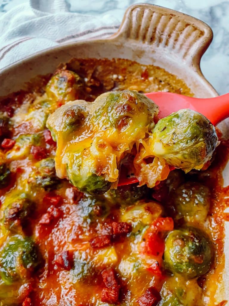CREAMY CHEDDAR CHORIZO BRUSSELS SPROUTS